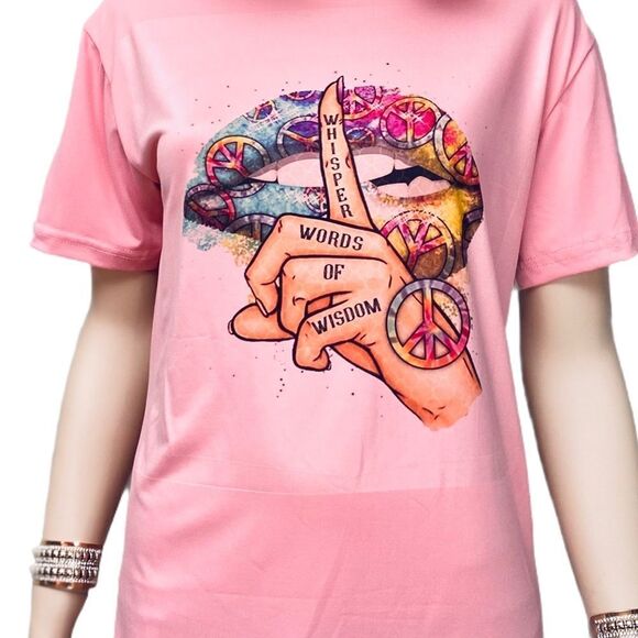 Pink Short Sleeve Peace Signs Lips Graphic Tees T Shirt Top NEW - Picture 2 of 3